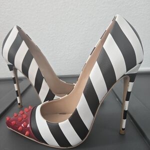 Chic Striped Stiletto Heels with Red Studded Toe